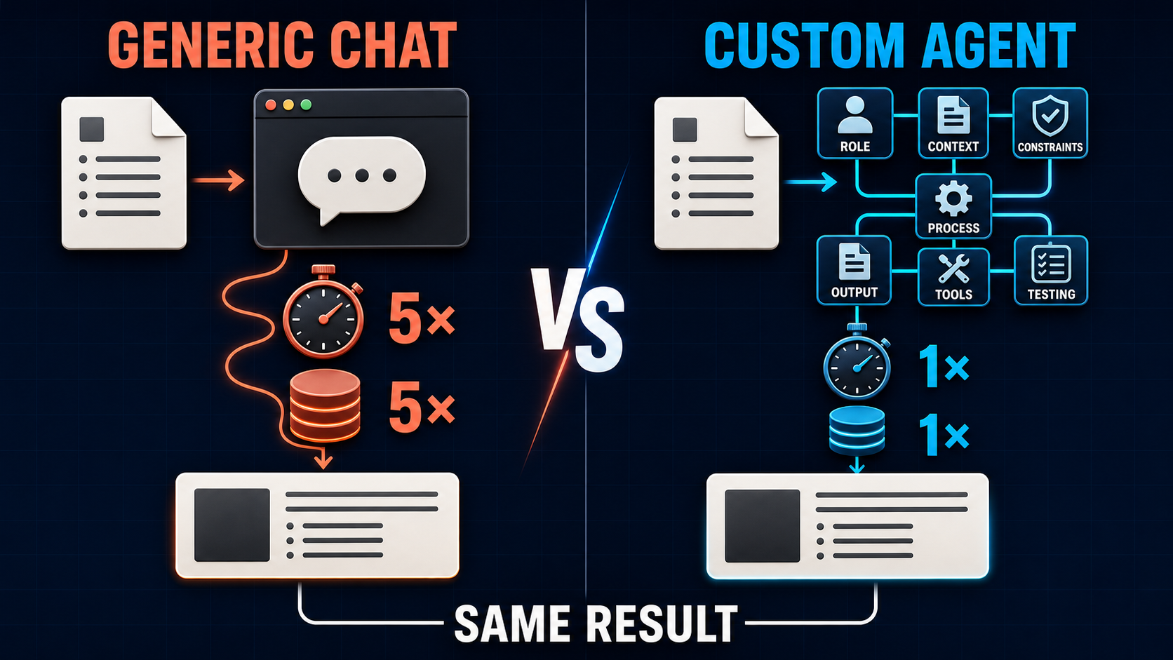 Diagram comparing a generic chat pass, taking 5x the time and 5x the tokens, to a custom agent built from named components (role, context, constraints, process, output, tools, testing), reaching the same result at 1x cost